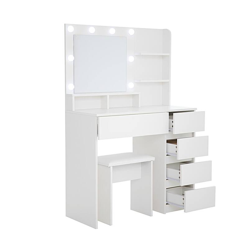 Makeup Vanity Desk Set with Built-In Power Strip, Dimmable LED Lights, and Storage Drawers for Bedroom Use
