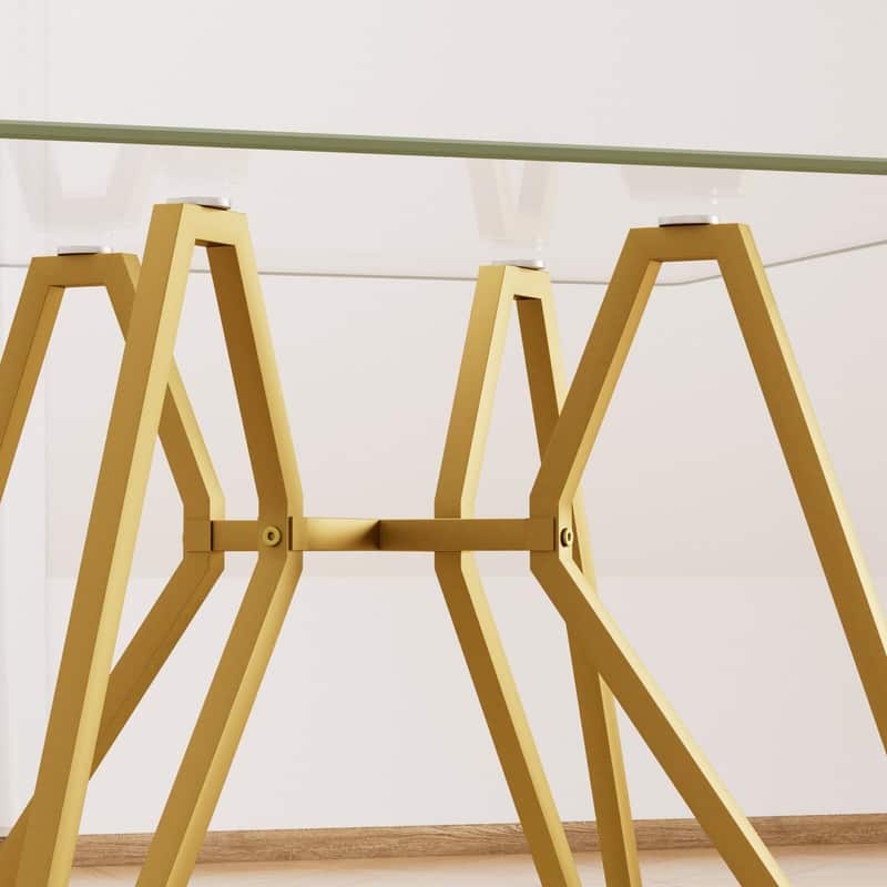 Gold Modern Tempered Glass Dining Table with Metal Legs for Kitchen, Living Room