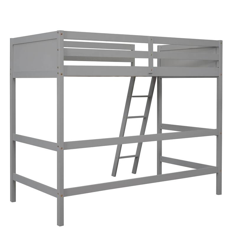 Gray Twin Size Solid Wood Loft Bed with Ladder, Sturdy Pine Frame & 14 Slats