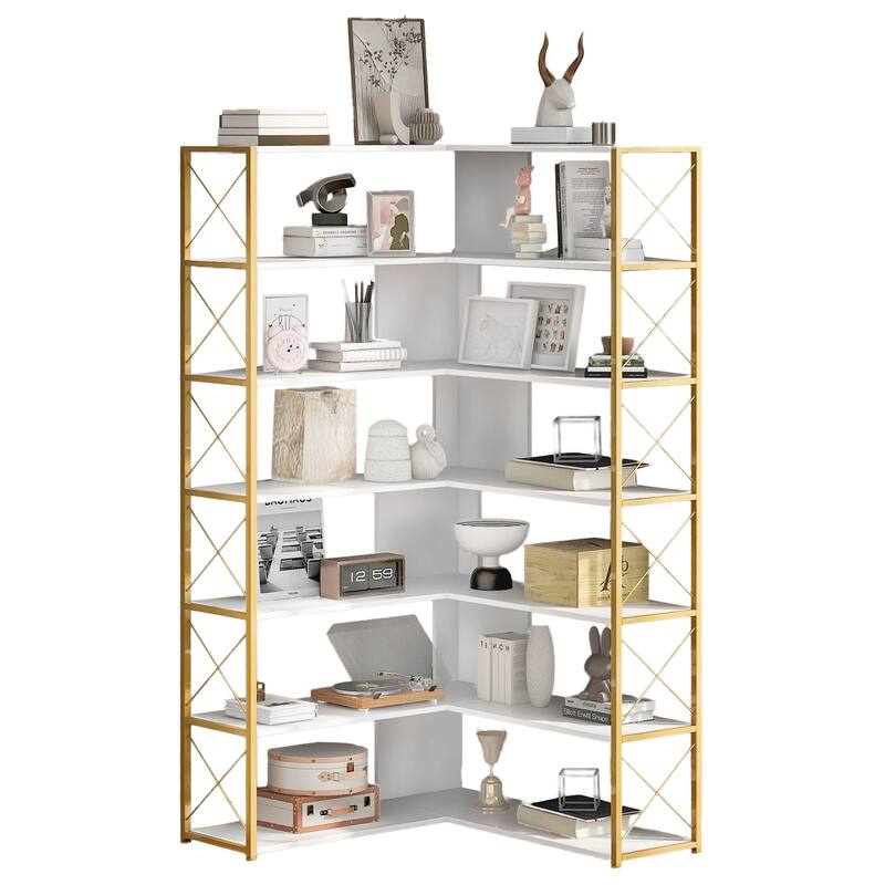 7-Tier Bookcase Home Office Bookshelf, L-Shaped Corner Bookcase with Metal Frame