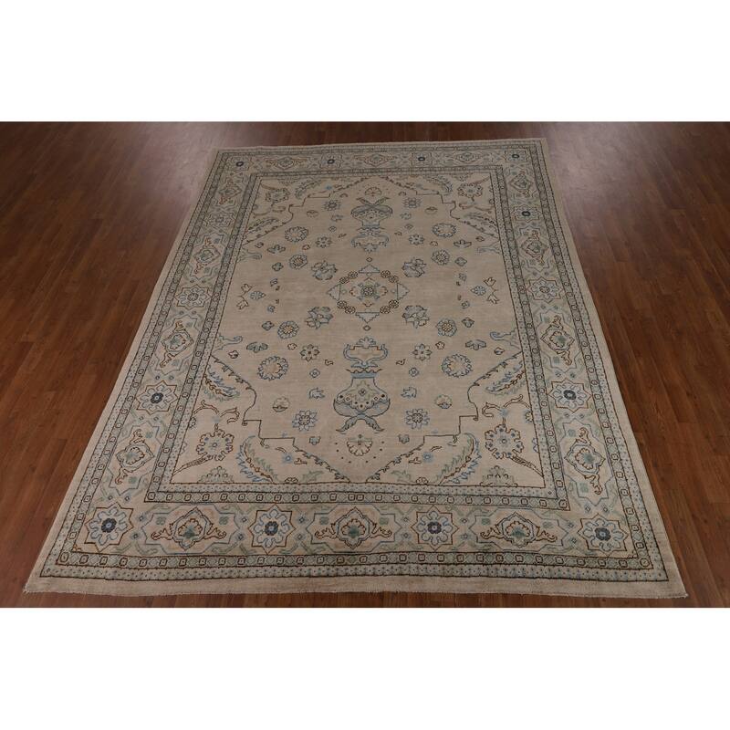 Vegetable Dye Oushak Turkish Rug Floral Hand-Knotted Wool Carpet - 7'8"x 9'10"