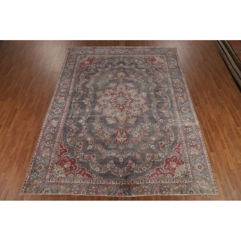Vintage Navy Blue Tabriz Persian Area Rug Hand-Knotted Wool Carpet - 9'6" x 12'5"