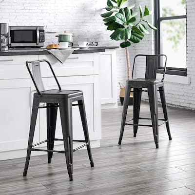 24" Matte Black Industrial Contemporary Rustic Metal Barstools with Bucket Back, Set of 4