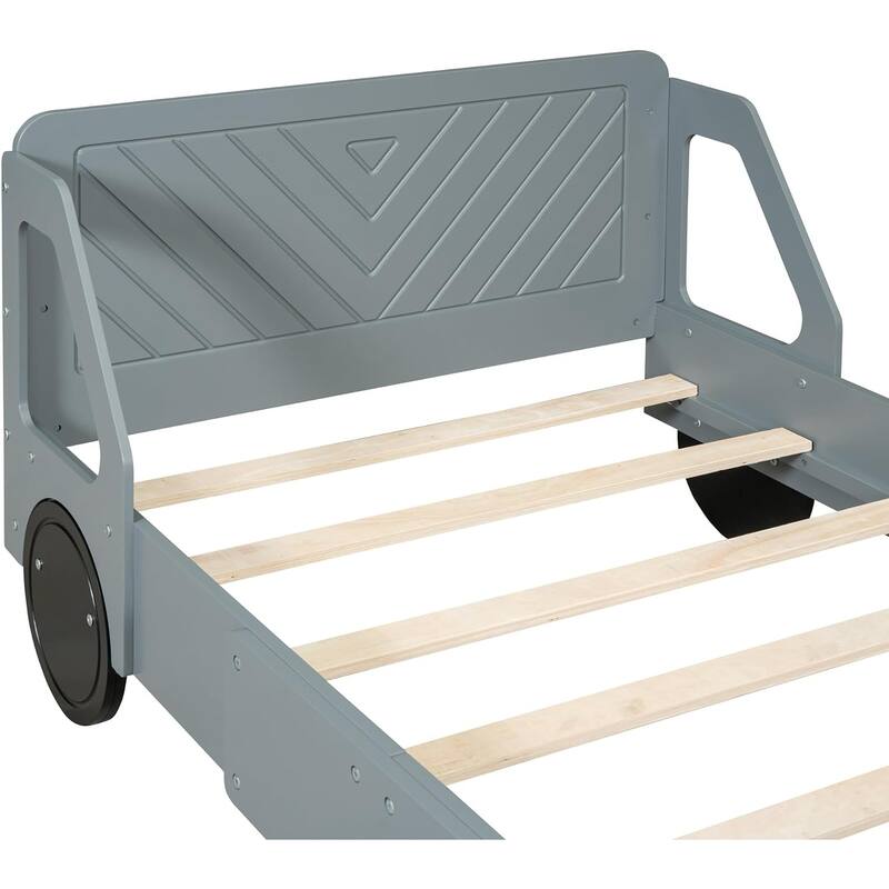 Twin/Full Car Bed for Kids, Car Shaped Platform Bed with Wheels, Headboard and Footboard, Toddler Car Bed Slat Support