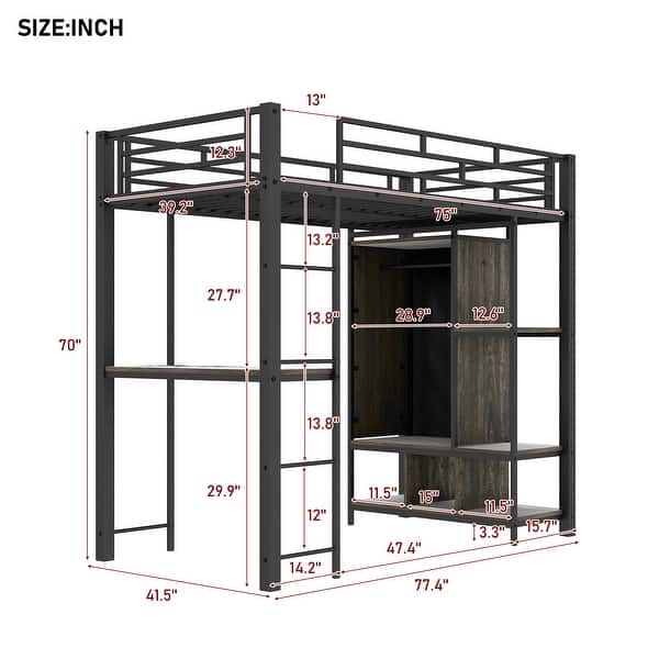 dimension image slide 1 of 2, Contemporary Design Metal Loft Bed with Built-in Wardrobe, Desk and Shelves, Twin Size
