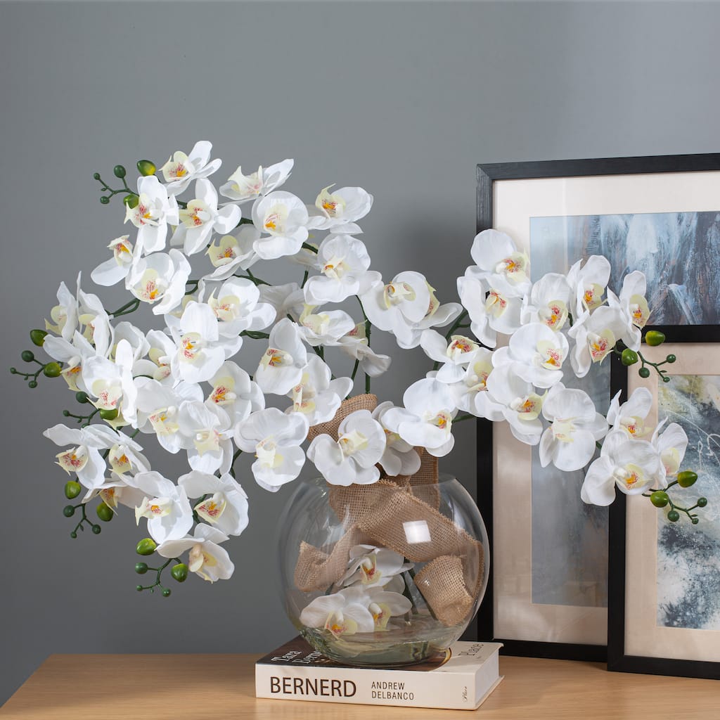 8 Pieces Nearly Natural Plastic Phalaenopsis Silk Orchid in Glass Vase - 20.87" H x 27.56" W x 9.84" D