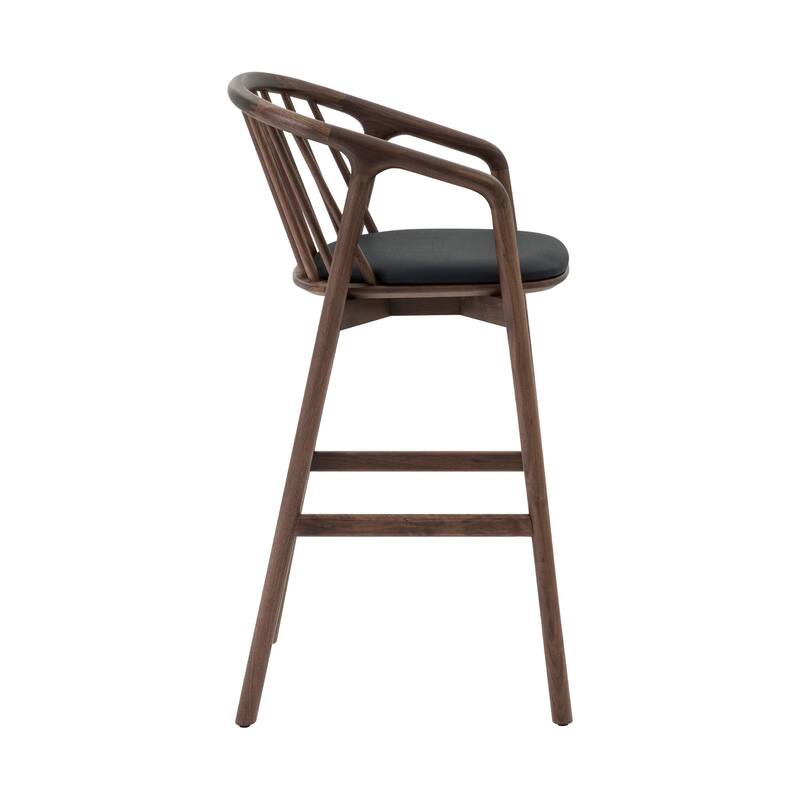 Rchy Barstool Chair, Curved Spindle Back, Black Faux Leather, Brown Wood
