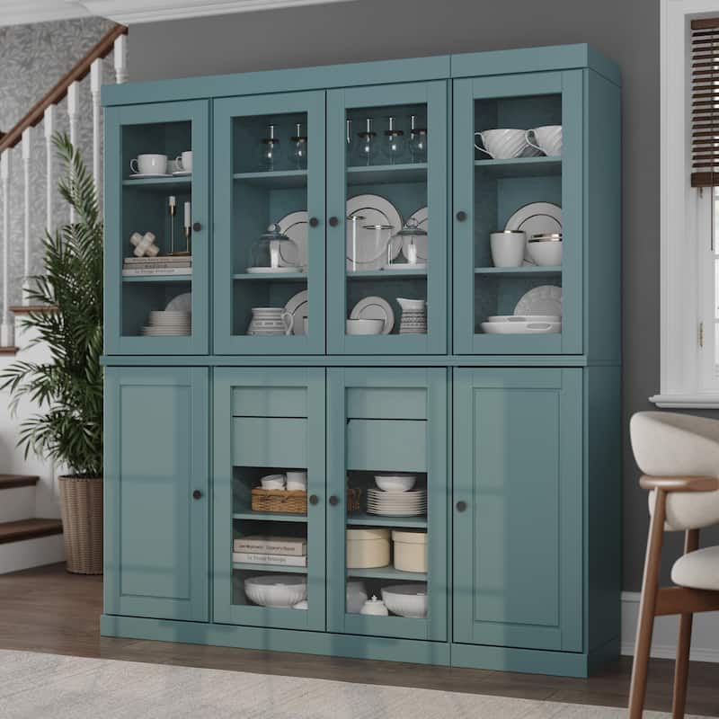 Palace Imports 100% Solid Wood Pantry China Cabinet, Raised Panel & Clear Glass Doors, 2 Drawers, 65" Wide, 71.5" Tall - Aqua