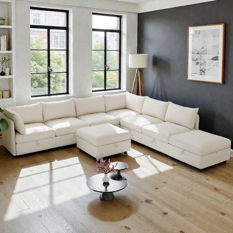 Modular Sectional Sofa with Storage, 8-Seat Convertible Sleeper Sofa Set, Chenille Flexible Modular Combination - Beige