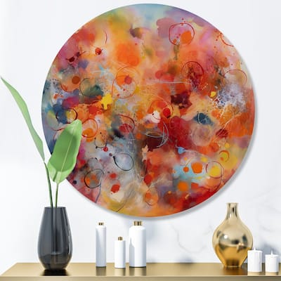 Designart "Orange Red Marbled Dreamscape III" Modern Geometric Metal Round Wall Art