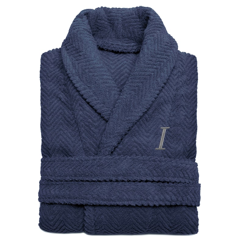 Authentic Hotel and Spa Midnight Blue with Grey Monogrammed Herringbone Weave Turkish Cotton Unisex Bath Robe - S/M - I
