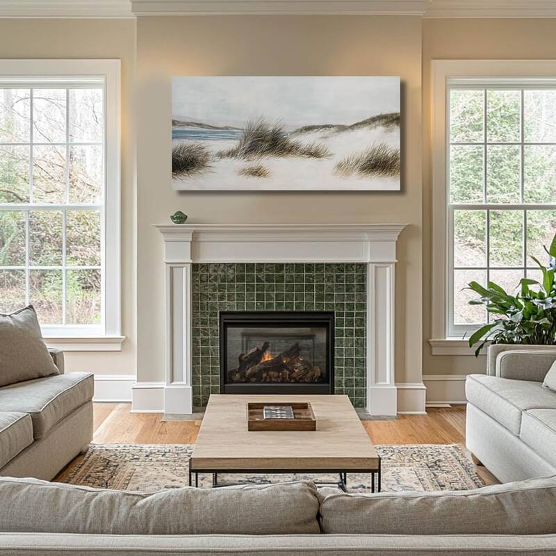 Beige Seaside Wall Decor Canvas Painting Weed Ocean Artwork
