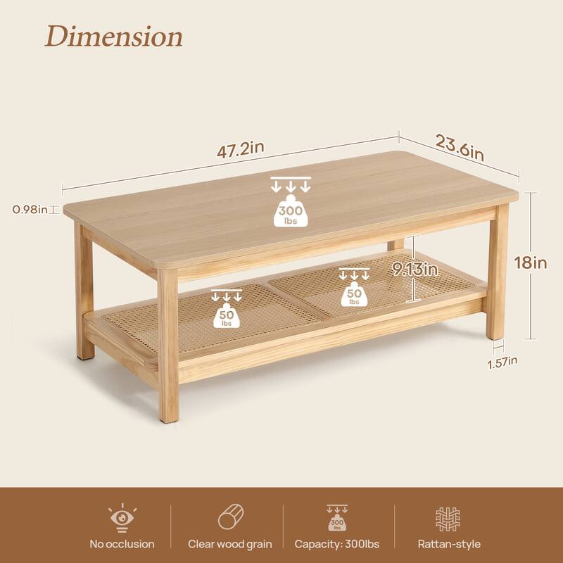 2-Tier Rectangular Coffee Table with Rattan Storage Shelf - 47.2"L x 23.6"W x 18"H