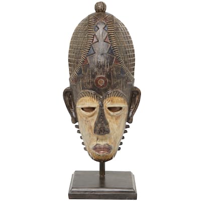 Polystone Mask African Tribal Sculpture with Cream and Rust Accents - Brown - Roche River Decor - 6"W x 8"L x 21"H