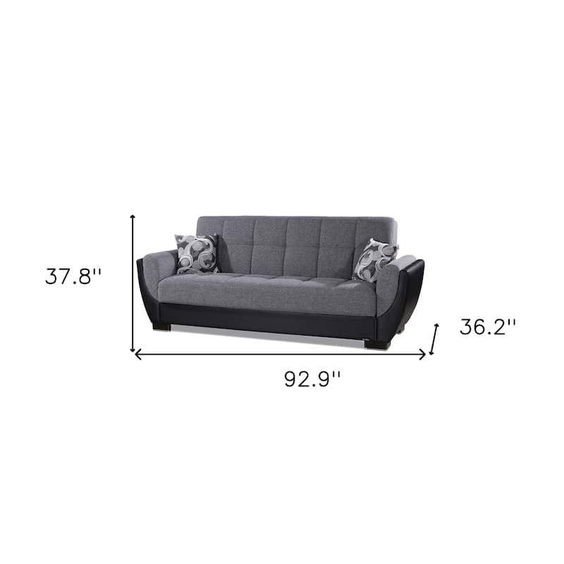 HomeRoots 93" Black And Gray Chenille And Faux Leather Convertible Futon Sleeper Sofa With Toss Pillows And Storage