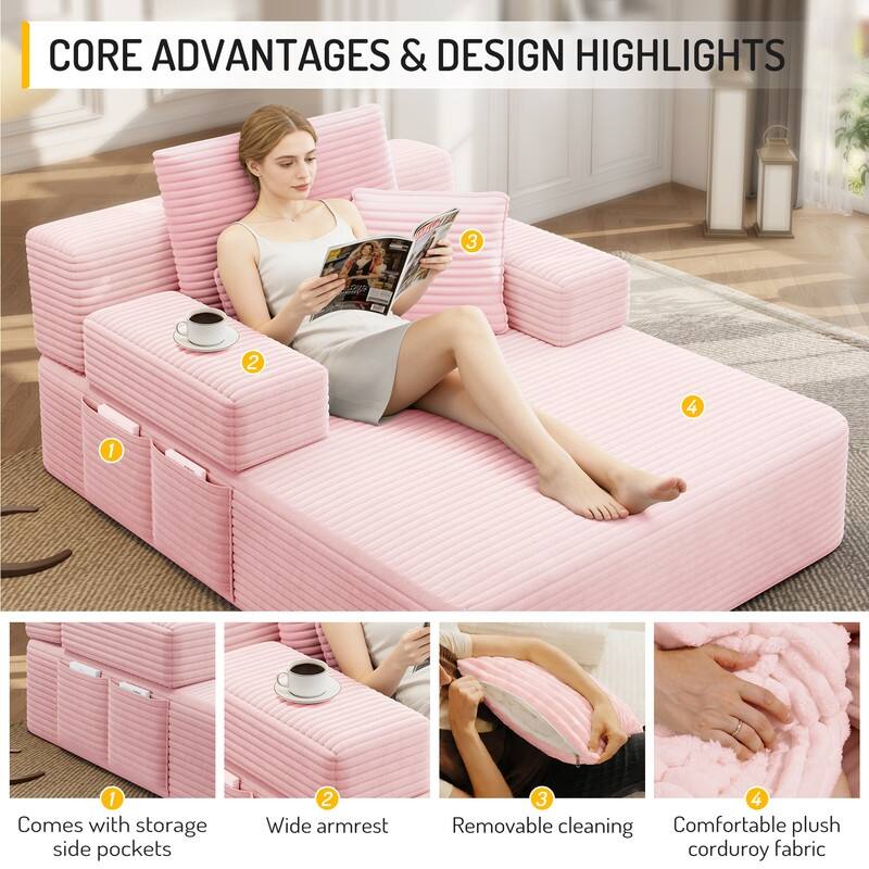 Luxurious Plush Corduroy Chaise Lounge Convertible Sofa Bed with Storage Pocket and Wide Armrests