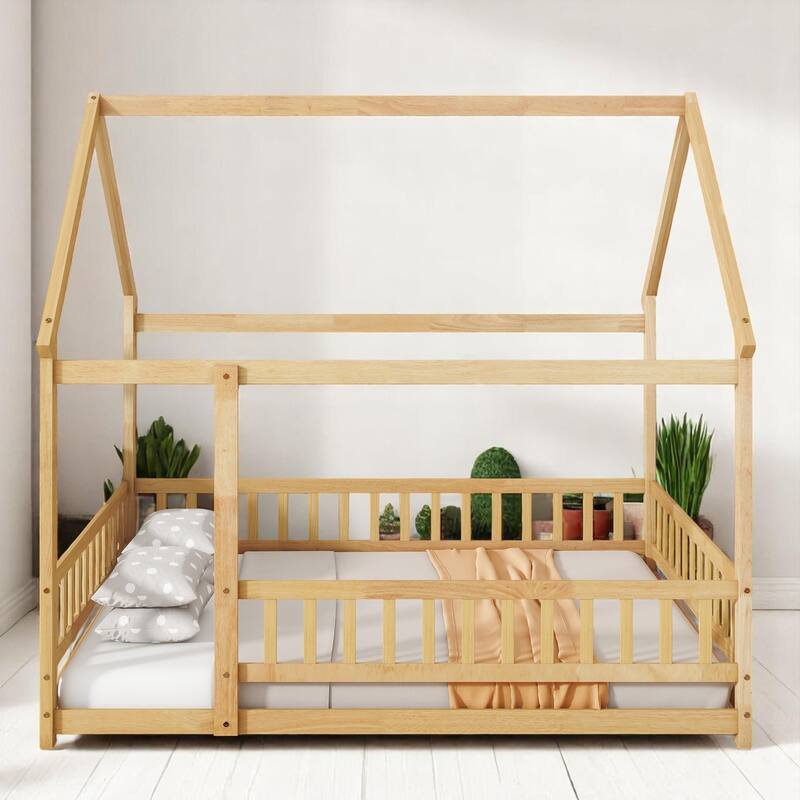 Twin / Full Size Wooden House Bed with Fence and Roof bed Frame, Montessori Style Floor Bed for Kids