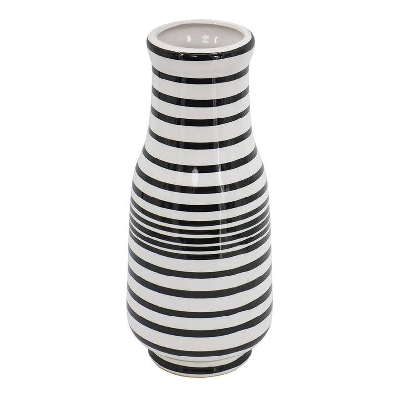 18" Black And White Hand Painted Stripe Ceramic Table Vase - 10.20