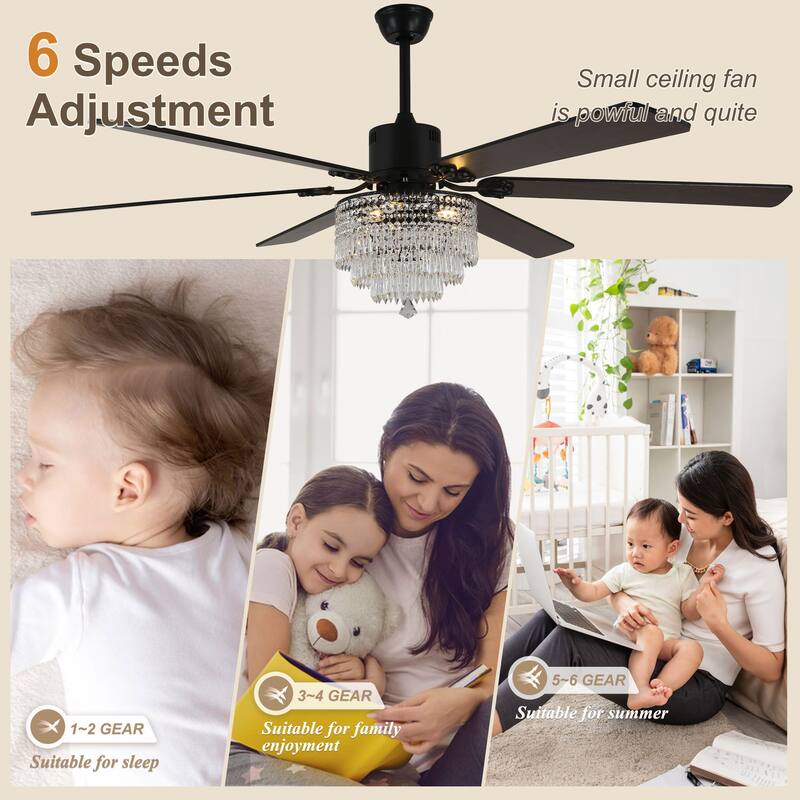 Bella Depot 65" Mondern Crystal Drum Ceiling Fan 6-Speed Reversible with Light and Remote