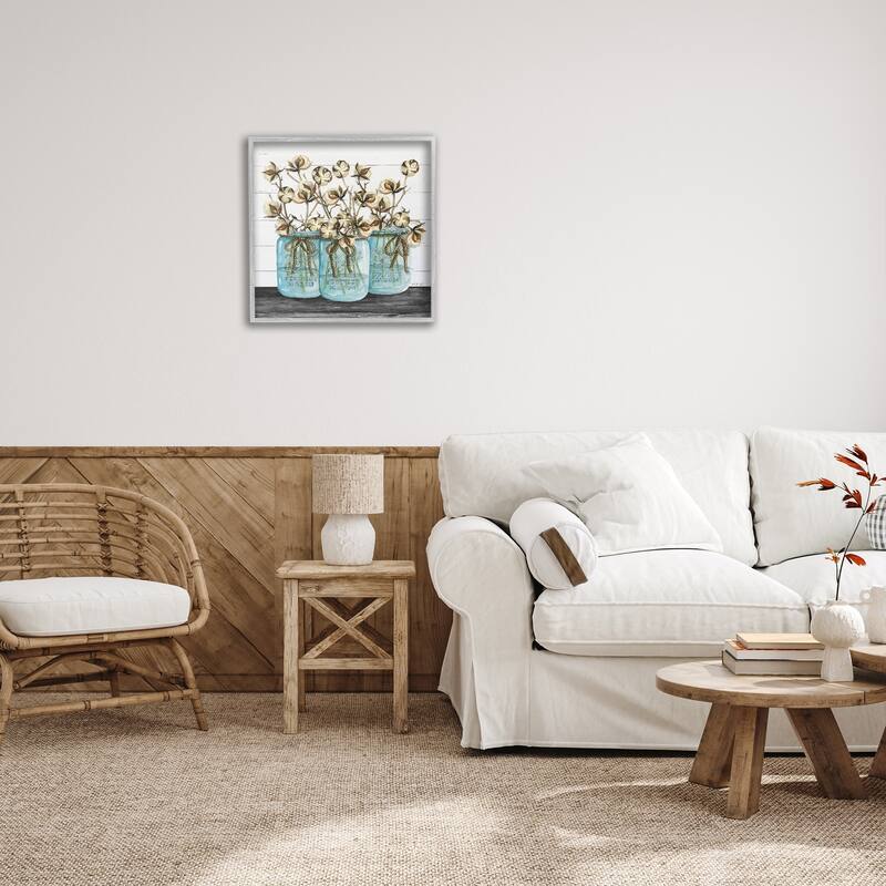 Stupell Cotton in Mason Jars Rustic Illustration Planked Look, 12 x 12, Design By Artist Cindy Jacobs
