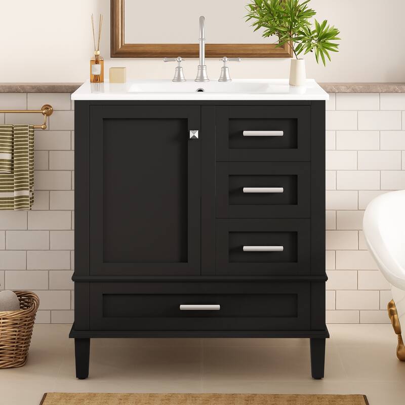 GDFStudio - Lumia Transitional Space Saving Freestanding Bathroom Vanity Cabinet with Ceramic Sink and Soft Close Storage