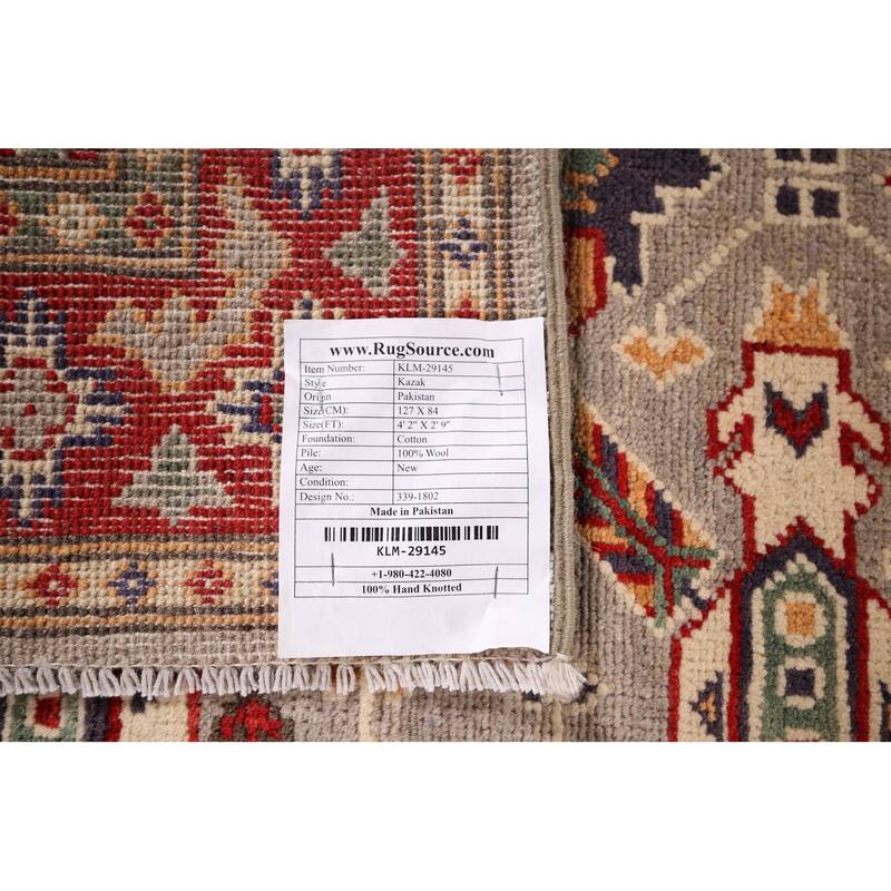 Beige Geometric Kazak Foyer Rug Handmade Wool Carpet - 2'9" x 4'2"