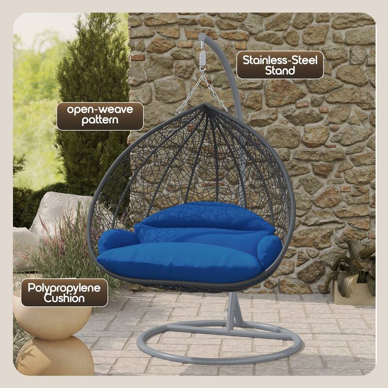 2-Person Egg Swing Chair in Grey Stainless Steel 2-Seater Porch Swing for Outdoor and Indoor - 77.95" Height