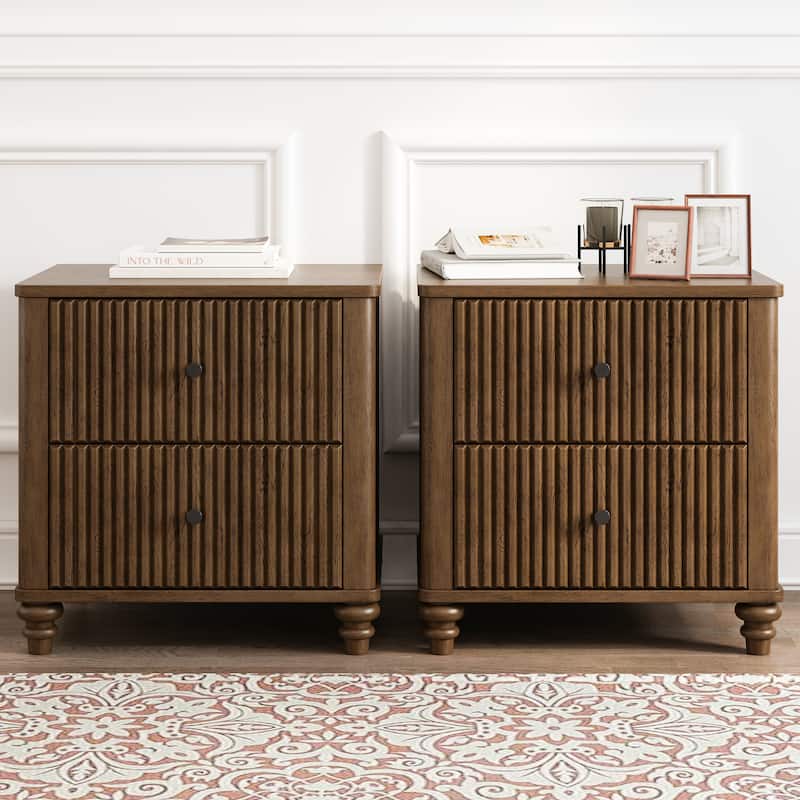 GDFStudio Mid-Century Fluted 3-Drawer Wooden Nightstand with Metal Handles - Walnut-2pc