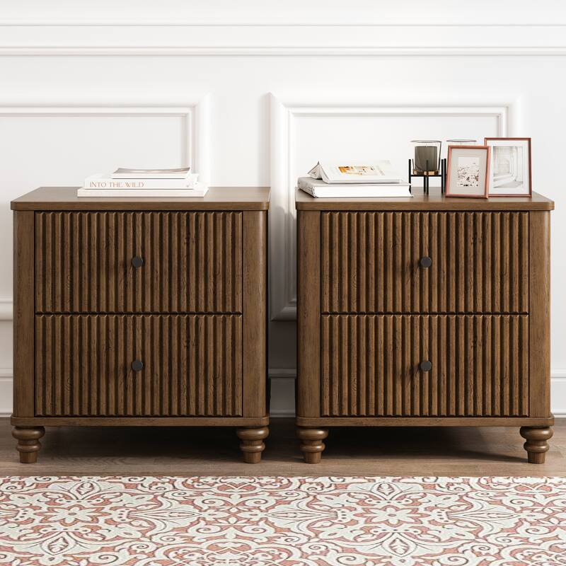 Modern Fluted Nightstand with 2 Large Drawers & 1 Hidden Drawer, Wood Bedside Tables for Bedroom, Retro Simple Style End Table - Walnut 2 PCS