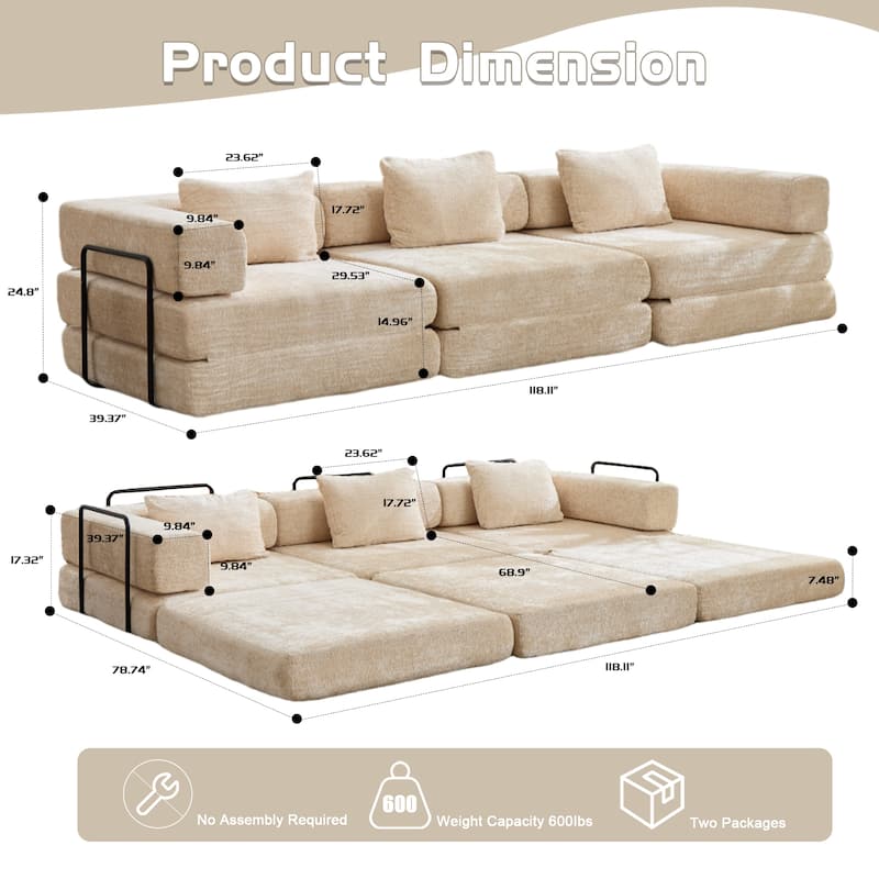 Free Combination Lazy Folding Sectional Sofa Chenille Modular Sleeper Sofa Bed Floor Standing Compression Mattress