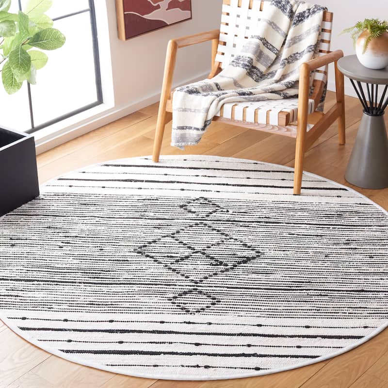 SAFAVIEH Handmade Striped Kilim Yuzu Transitional Rug - 6' Round - Ivory/Black