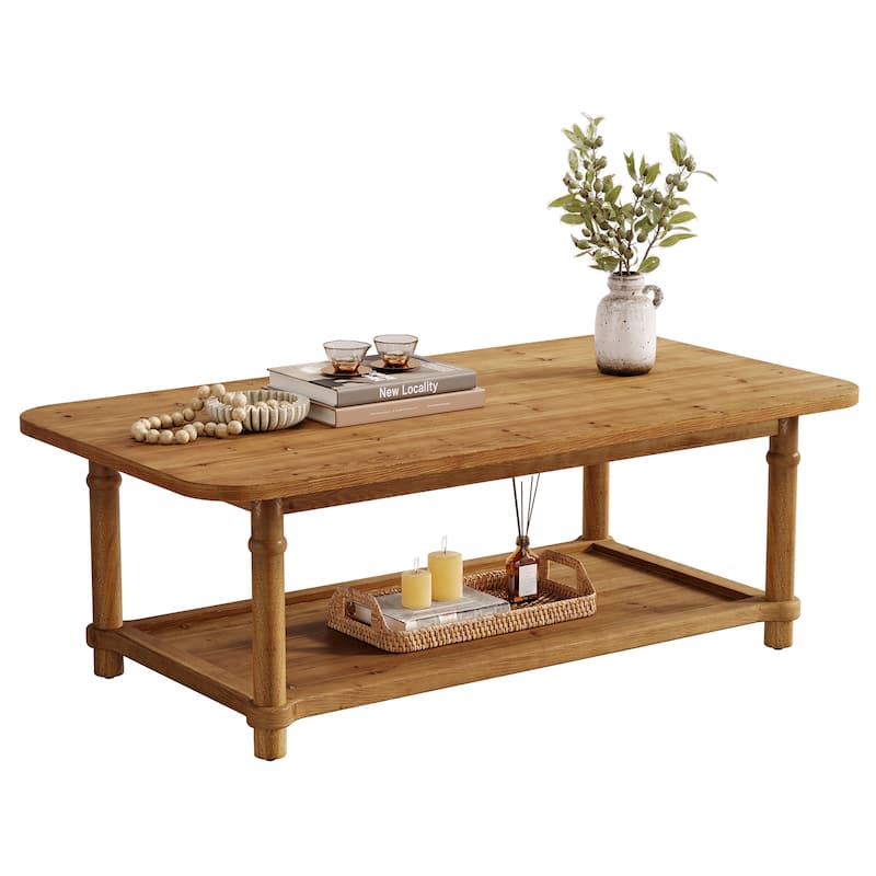 47" Rectangle Coffee Table with Storage Shlef, Solid Wood, Turned Leg