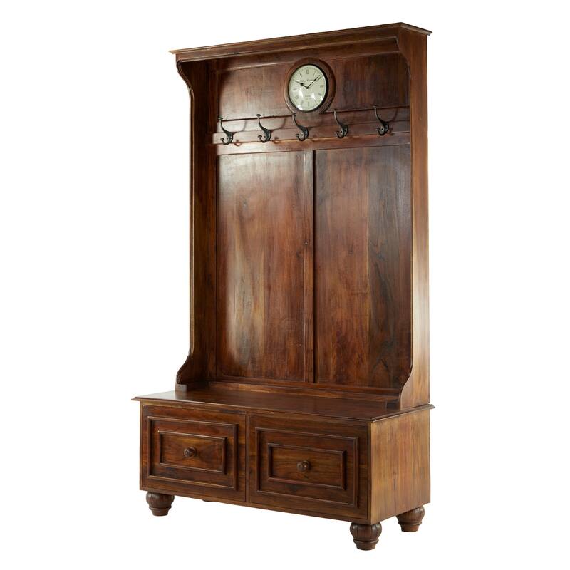Brown Wood Large Tall Bench Storage 5 Hook and 2 Drawer Freestanding Coat Rack with Cream Clock