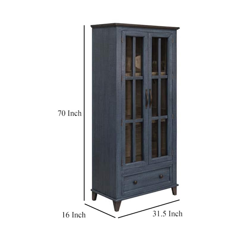 Rozy Accent Cabinet, 2 Glass Doors, Deep Blue Solid Pine Wood 70 Inch