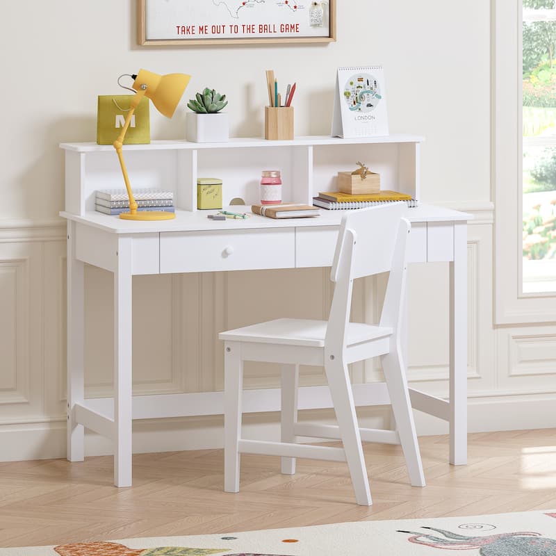 COSTARS Kids Desk and Chair Set with Hutch, Wooden Study Table for 5–12 Years Old, Student Writing Desk and Computer Workstation