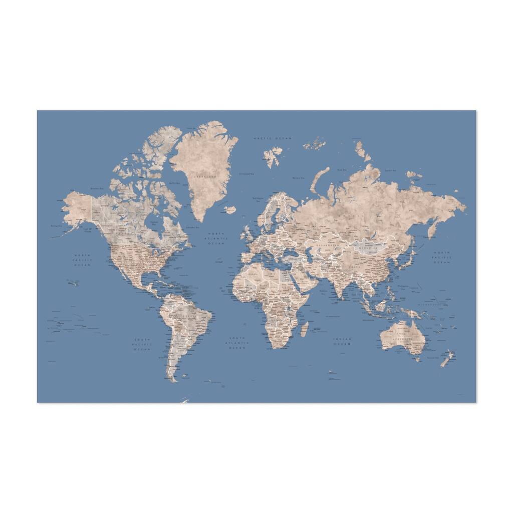 Blue and brown watercolor detailed world map Maps Art Print/Poster