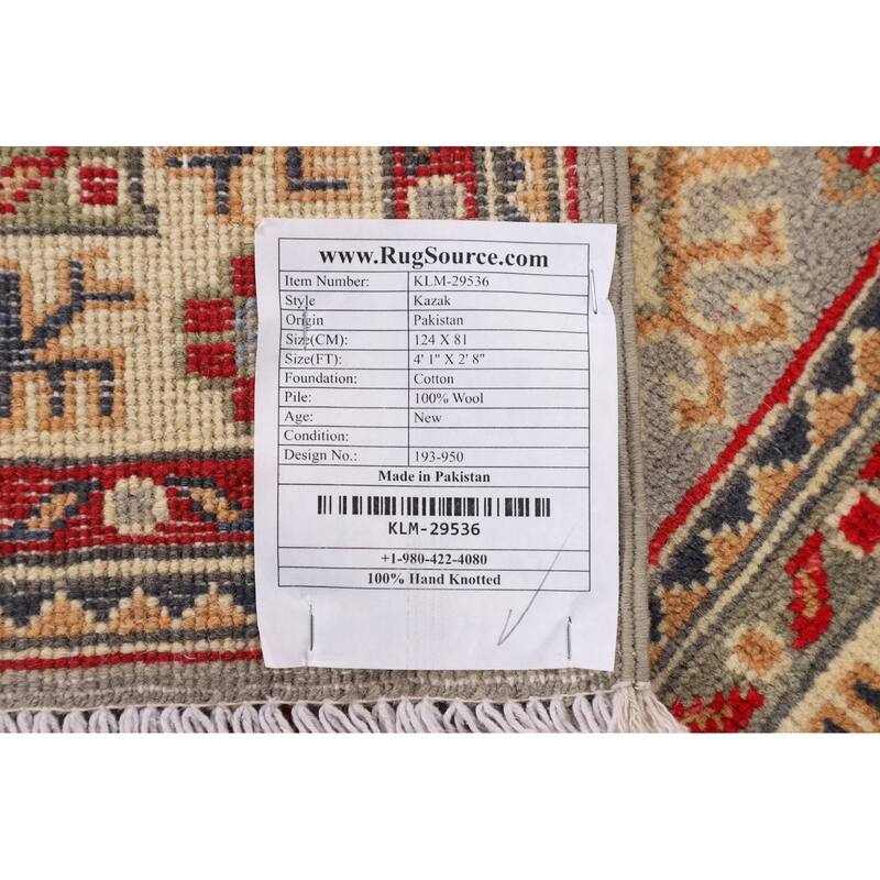 Gray Geometric Kazak Accent Rug Hand-Knotted Wool Carpet - 2'8" x 4'1"