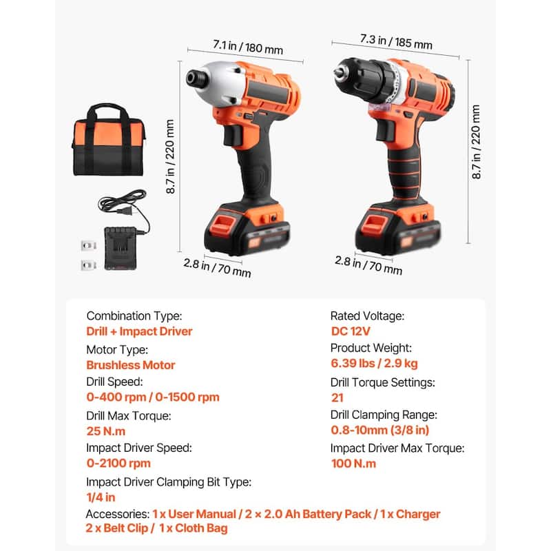 Black and Orange 12V Cordless 2 Tool Power Drill and Impact Driver Set with 2Ah Batteries and Fast Charger