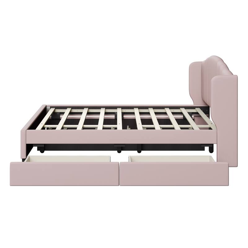 Queen Size Upholstered Bed Frame with Wingback Headboard Trundle and 2 Drawers, Center Support Legs Platform Bed Frame