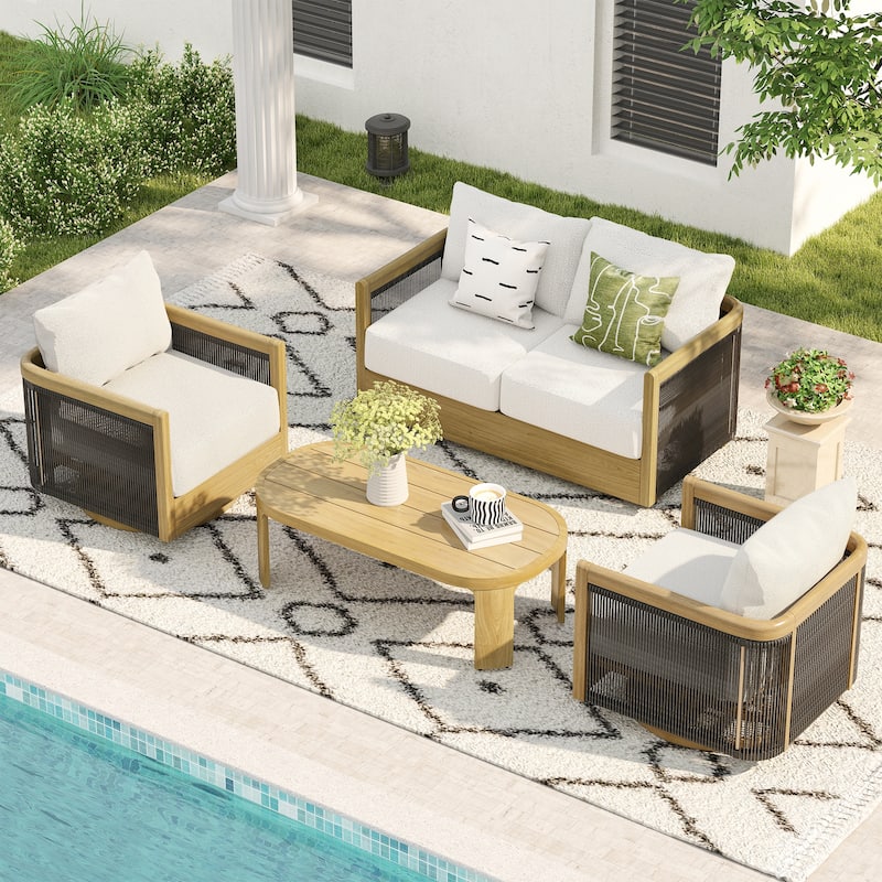 Overture 4-Piece Natural Wood Grain Aluminum Hand-Woven Rope Patio Conversation Set with Swivel Chairs, Cushions, Coffee Table