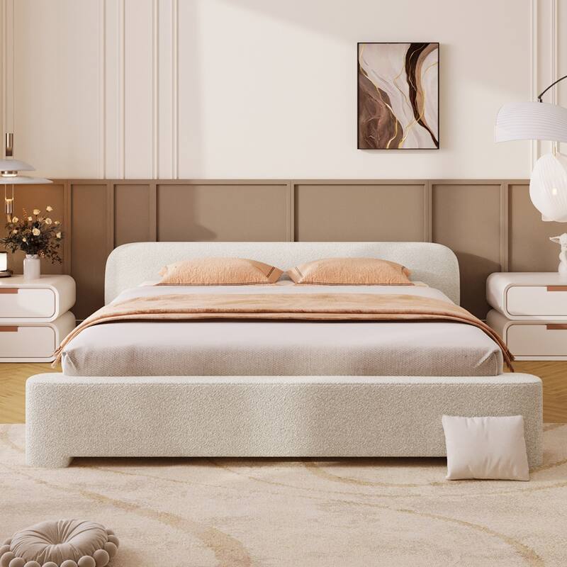 Bouce Upholstered Grounded Bed Platform Bed with Low Profile Headboard - White - Queen