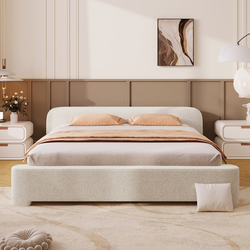 White Upholstered Boucle Bed, Low Profile Grounded Bedframe with Wood Slat Frame and Center Wood Legs Support Platform Bed - White - Full