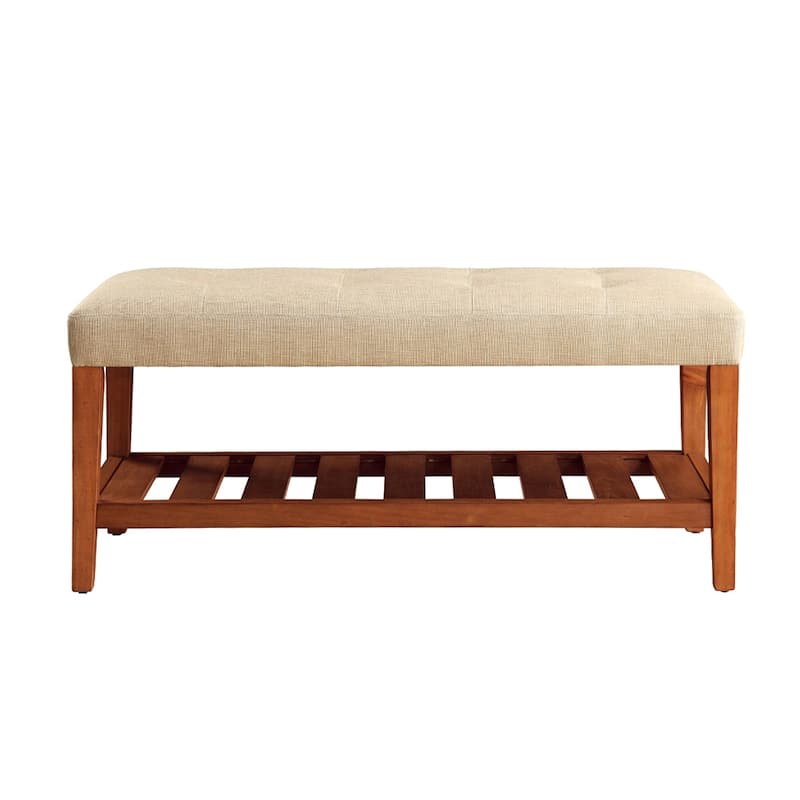 Fabric Upholstered Bench with Open Storage, Blue and Oak - Beige,Oak