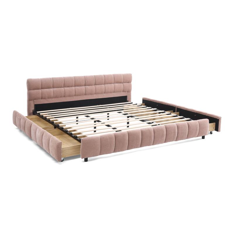 Lattice-shaped Cushion Platform Bed Grounded Bed Upholstered Bed Frame with 4 Drawers and Cozy Headboard No Box Spring Needed