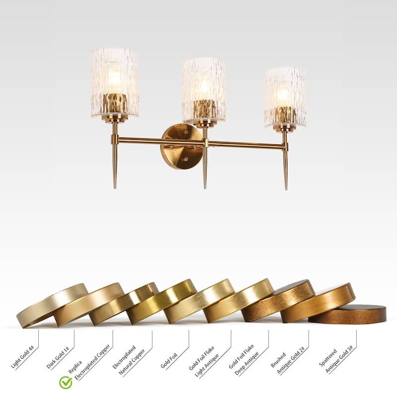 Modern 3-Light Gold Glam Bathroom Vanity Lights Textured Glass Wall Sconces - L 23.6" x H 12.6"