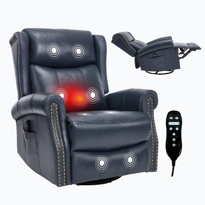 Manual Recliner Chair with Heat & Massage, Genuine Leather Swivel Recliner Chair, Lounge Sofa Chair with Side Pockets