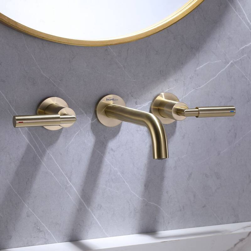 Brushed Gold Round Double Handle Wall Bathroom Faucet