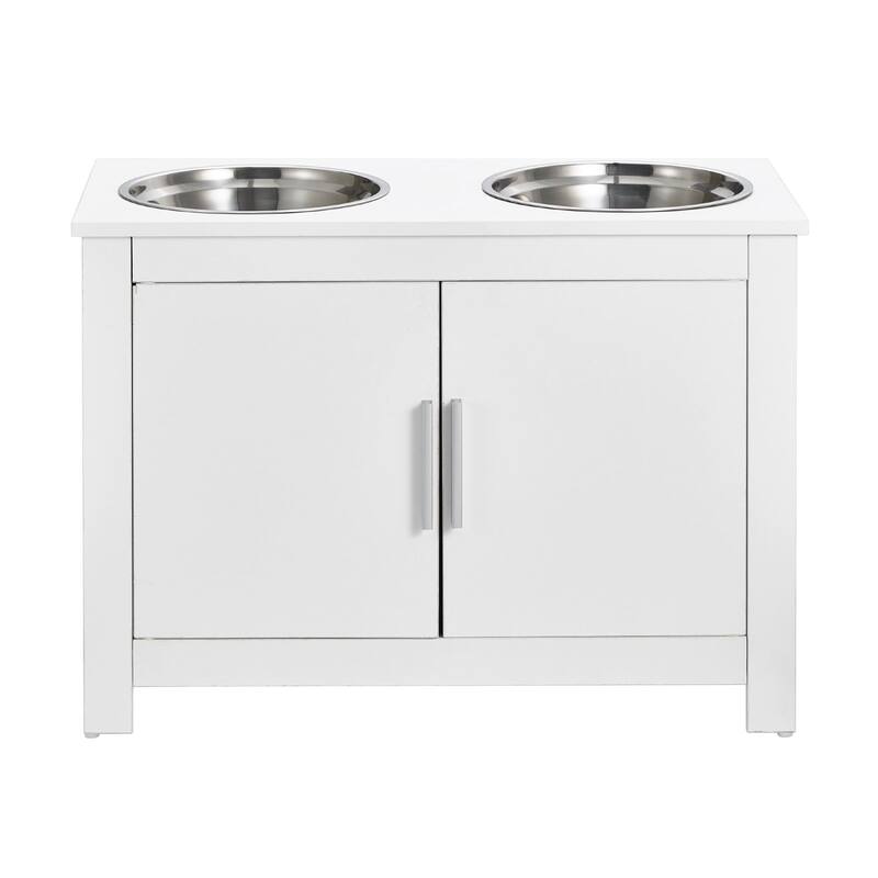 White MDF Pet Feeding Station with 2 Elevated Dog Bowls and Toy Storage Cabinet - 23.62 x 11.81 x 17.32 inch