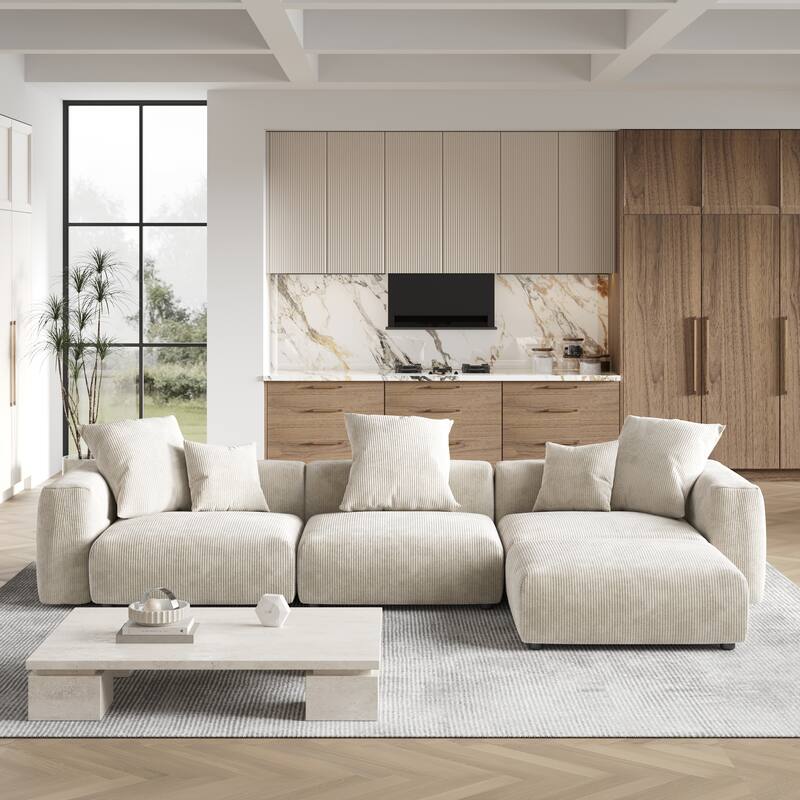 L Shaped Oversized Corduroy Sectional Sofa Couch, 141'' Cloud Modular Couch with Ottoman