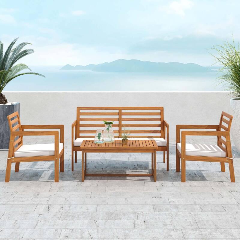 Costway 4 PCS Wood Patio Furniture Set with Soft Seat Cushions Solid - See Details